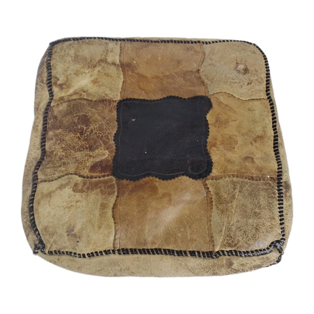 Vintage 70s Patchwork Leather Throw Pillow Boho Whipstitch Horsehair Cushion MCM
